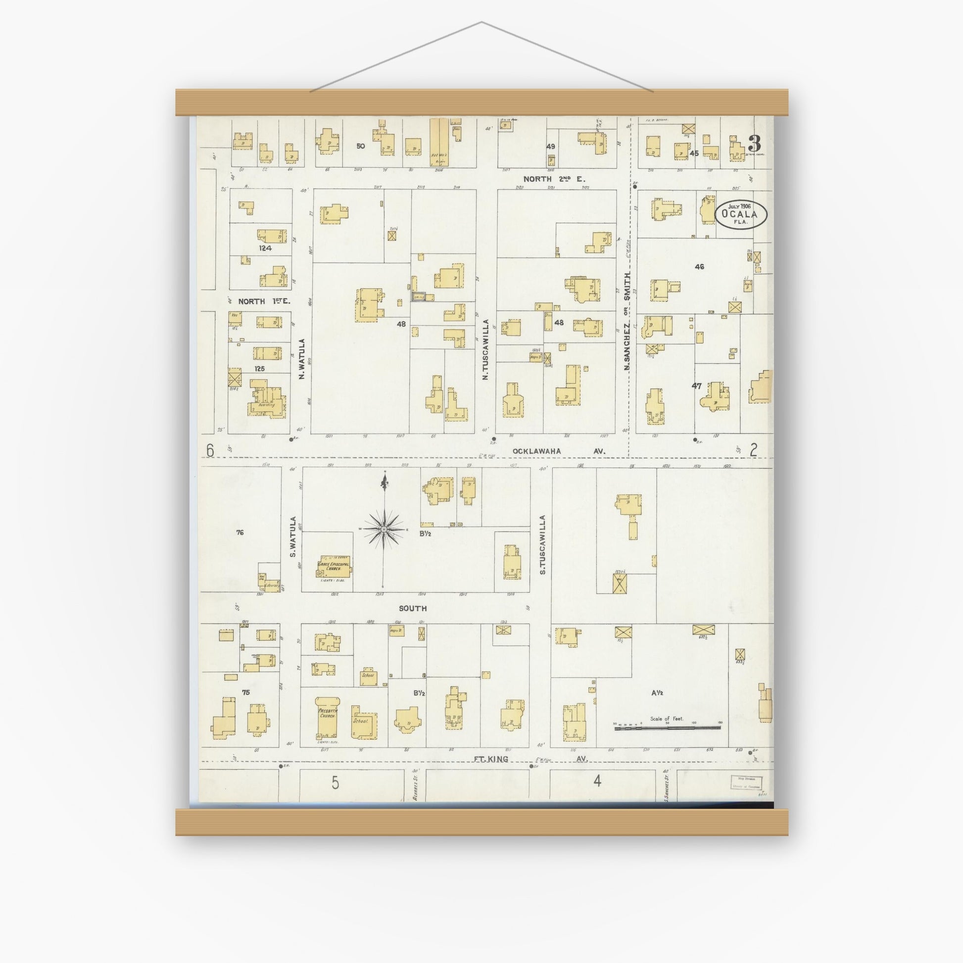 Old map wall art mockup — magnetic wood frame on white wall — Sanborn Fire Insurance Map from Ocala, Marion County, Florida (1906), Sheet #0003