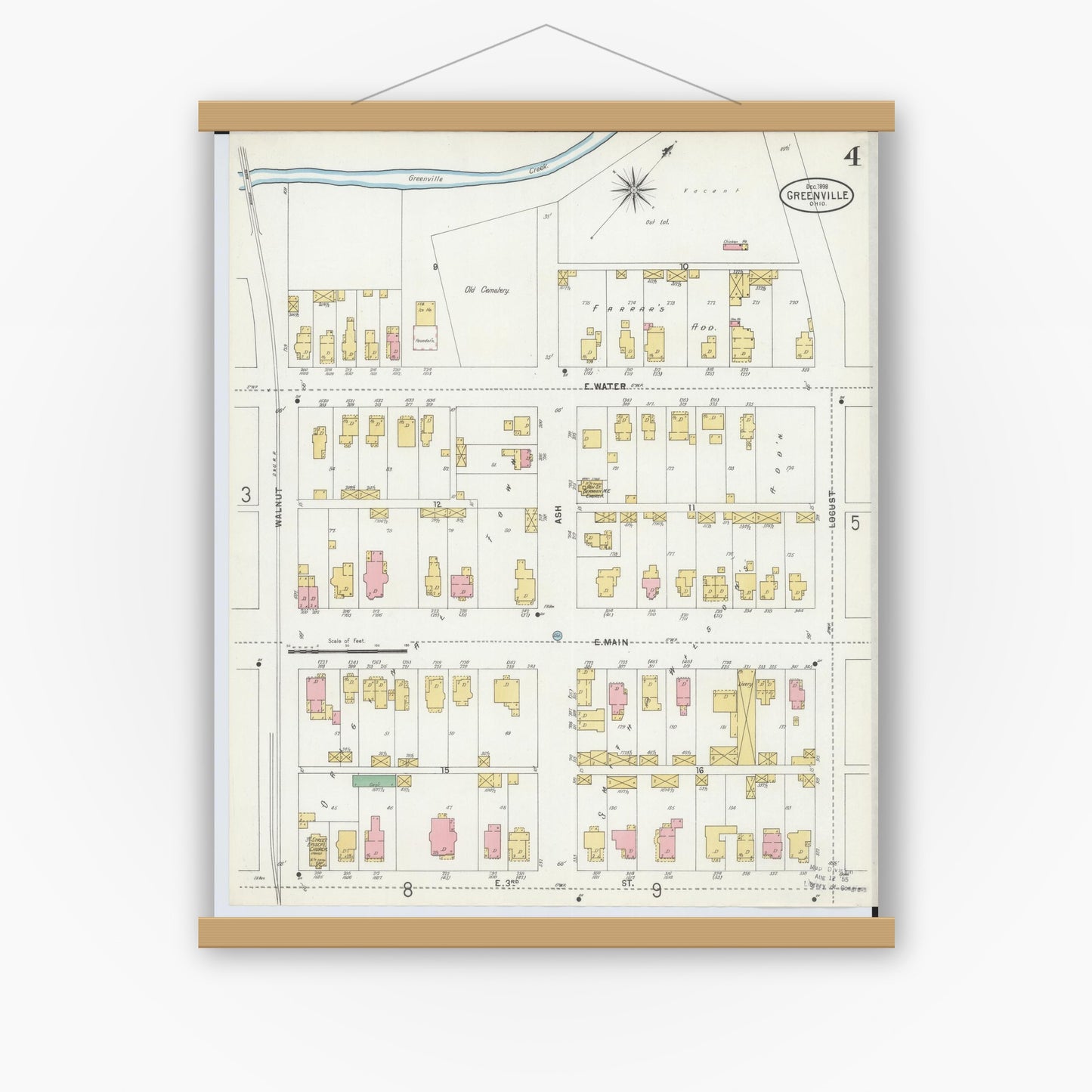 Old map wall art mockup — magnetic wood frame on white wall — Sanborn Fire Insurance Map from Greenville, Darke County, Ohio (1898), Sheet #0004