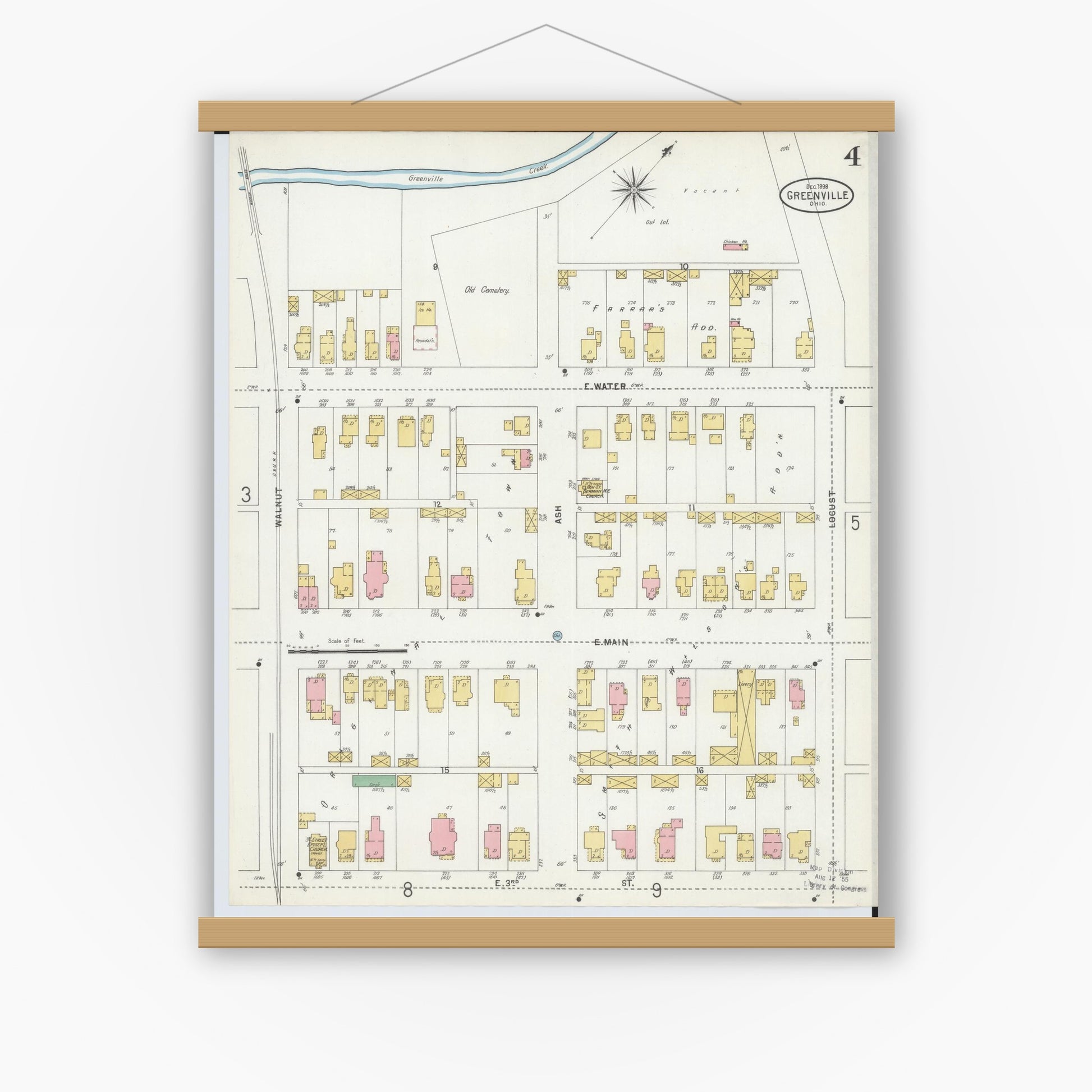 Old map wall art mockup — magnetic wood frame on white wall — Sanborn Fire Insurance Map from Greenville, Darke County, Ohio (1898), Sheet #0004
