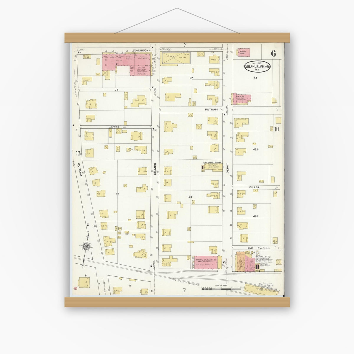 Old map wall art mockup — magnetic wood frame on white wall — Sanborn Fire Insurance Map from Sulphur Springs, Hopkins County, Texas (1915), Sheet #0006