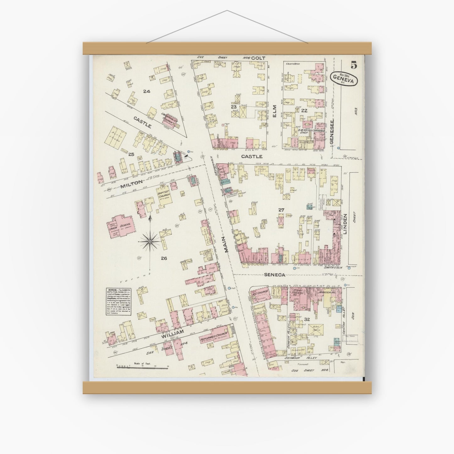 Old map wall art mockup — magnetic wood frame on white wall — Sanborn Fire Insurance Map from Geneva, Ontario County, New York (1884), Sheet #0005