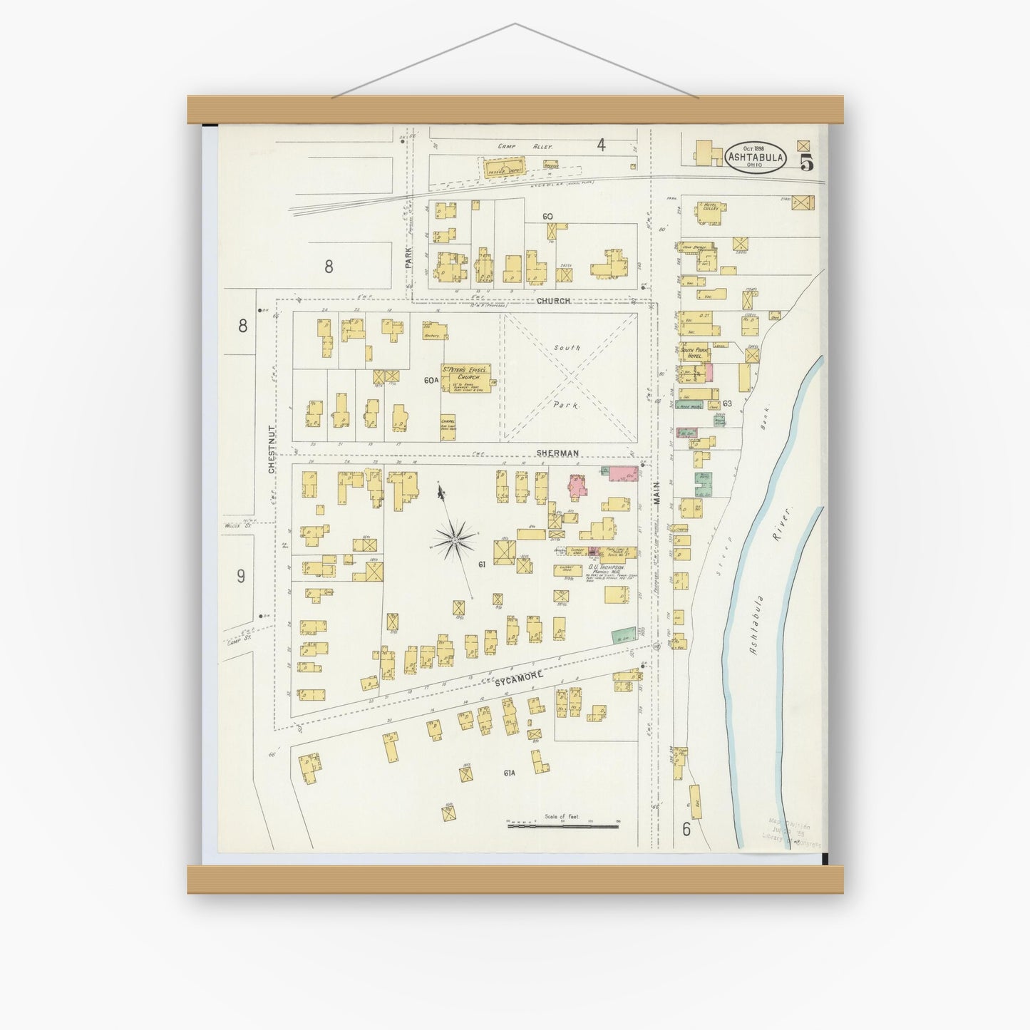 Old map wall art mockup — magnetic wood frame on white wall — Sanborn Fire Insurance Map from Ashtabula, Ashtabula County, Ohio (1898), Sheet #0005