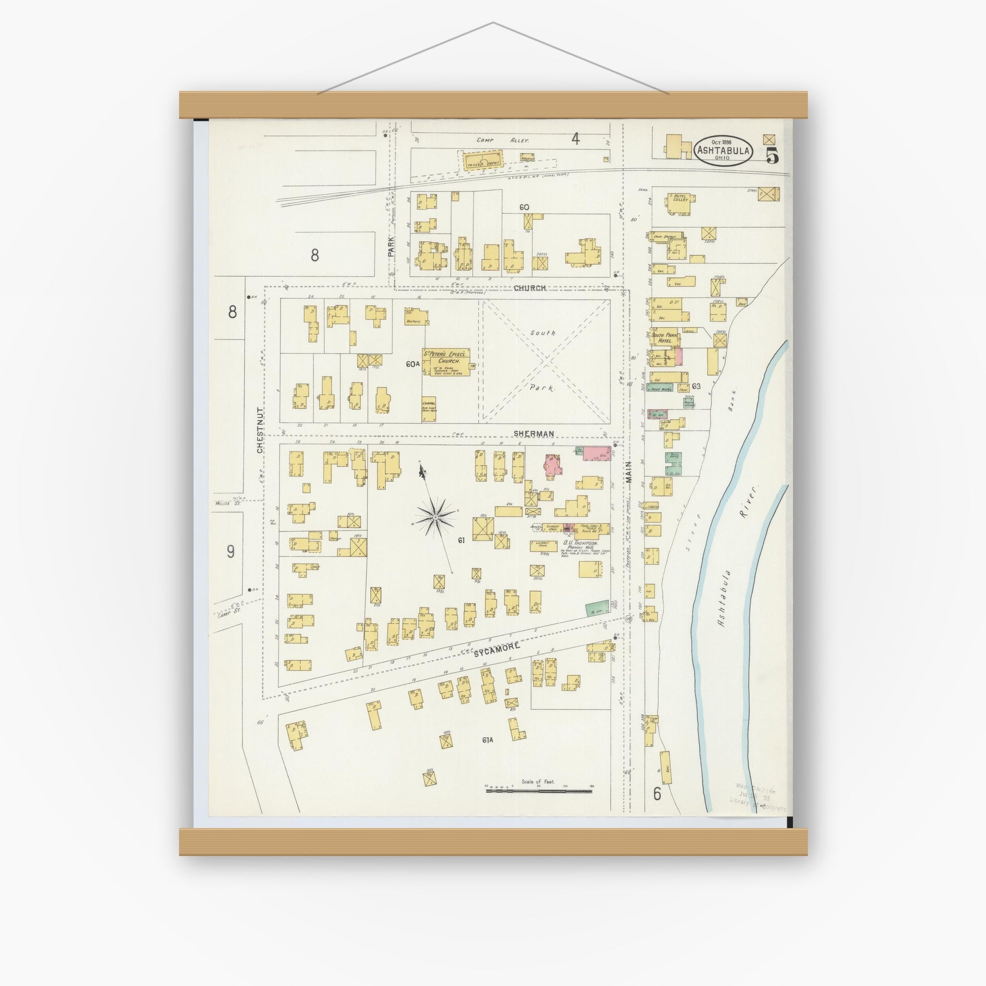 Old map wall art mockup — magnetic wood frame on white wall — Sanborn Fire Insurance Map from Ashtabula, Ashtabula County, Ohio (1898), Sheet #0005