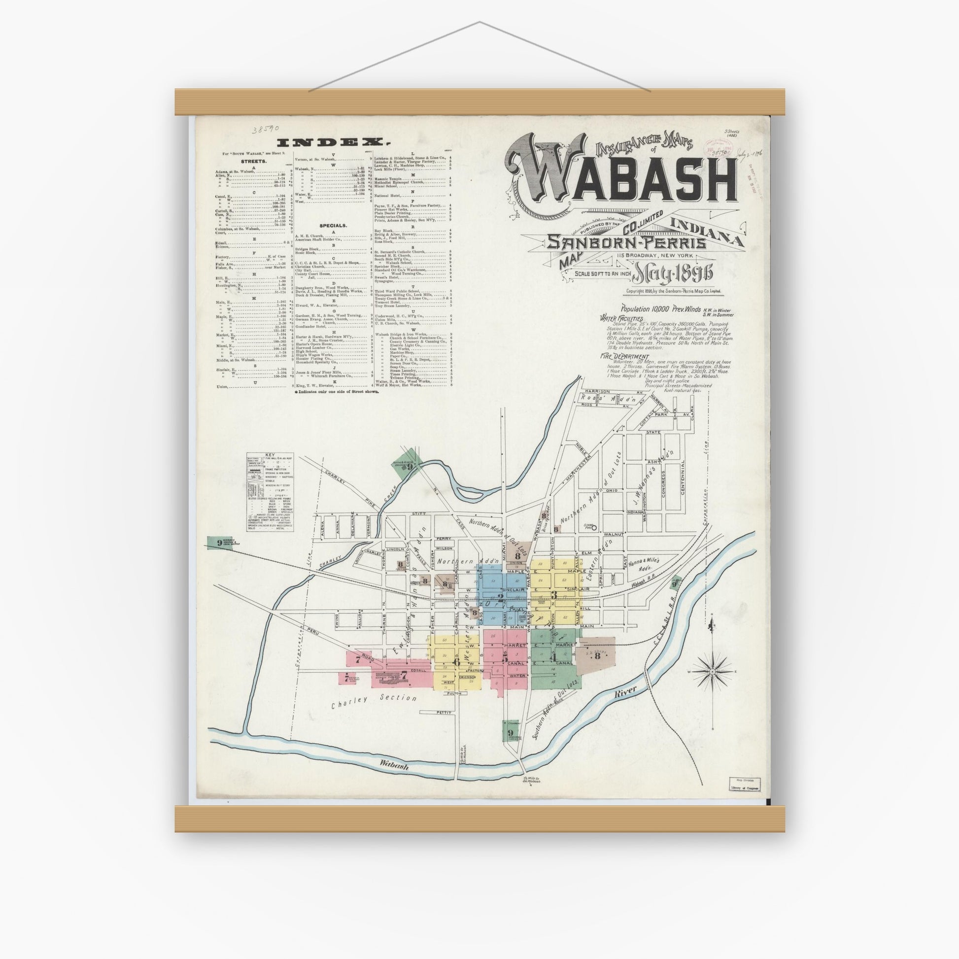 Old map wall art mockup — magnetic wood frame on white wall — Sanborn Fire Insurance Map from Wabash, Wabash County, Indiana (1896), Sheet #0001