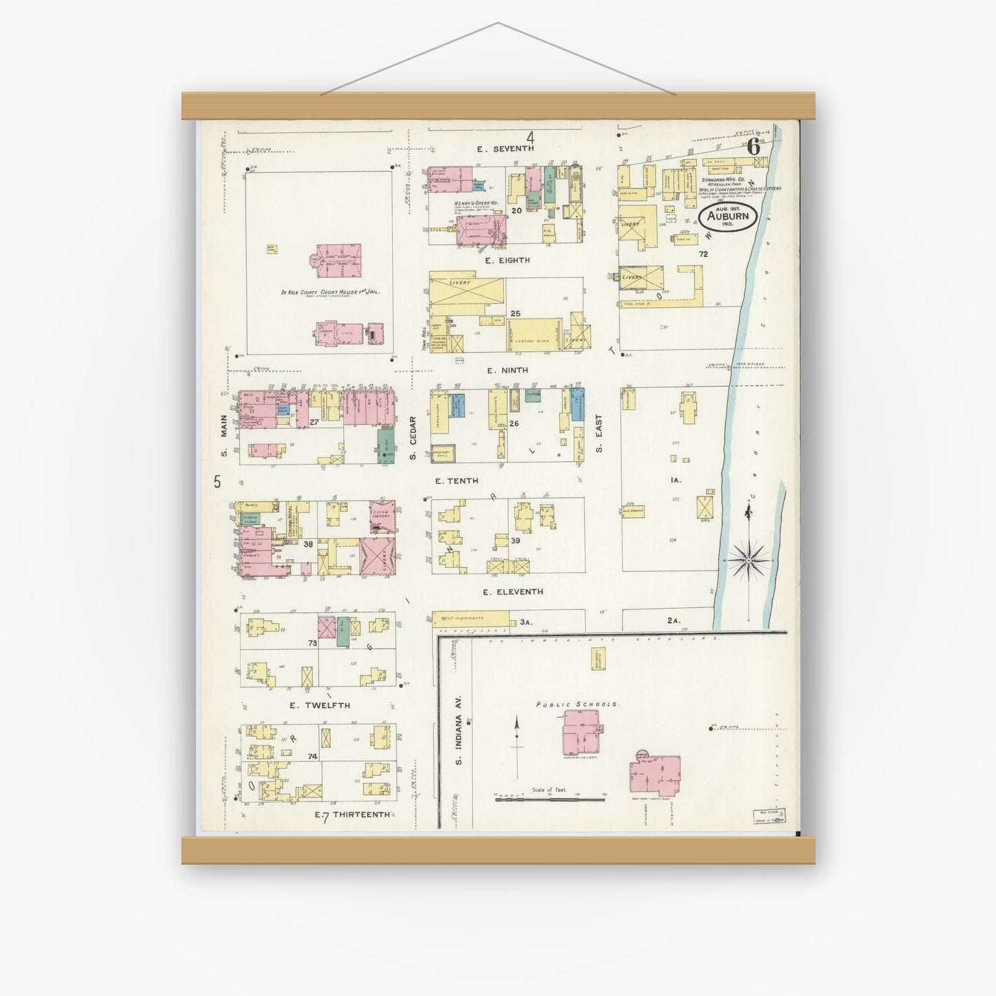 Old map wall art mockup — magnetic wood frame on white wall — Sanborn Fire Insurance Map from Auburn, De Kalb County, Indiana (1907), Sheet #0006