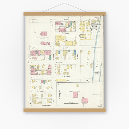 Old map wall art mockup — magnetic wood frame on white wall — Sanborn Fire Insurance Map from Auburn, De Kalb County, Indiana (1907), Sheet #0006