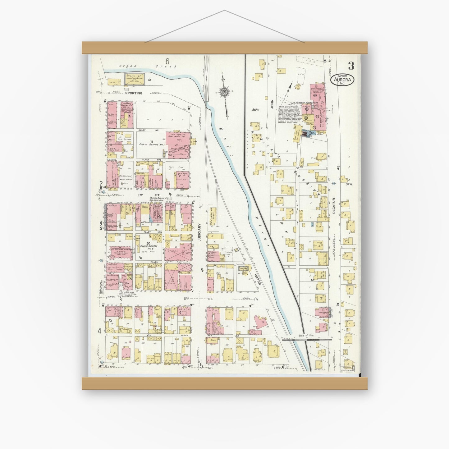 Old map wall art mockup — magnetic wood frame on white wall — Sanborn Fire Insurance Map from Aurora, Dearborn County, Indiana (1911), Sheet #0003