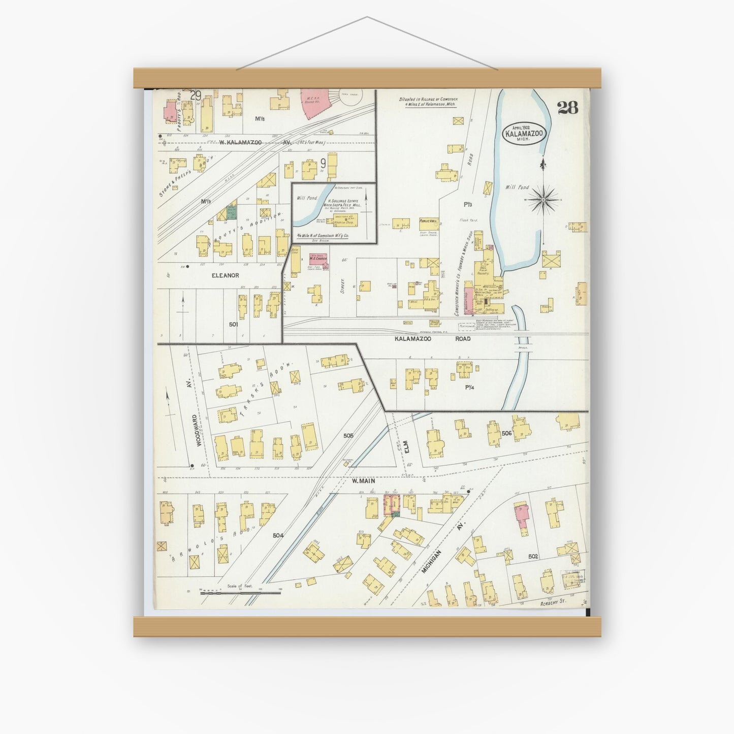 Old map wall art mockup — magnetic wood frame on white wall — Sanborn Fire Insurance Map from Kalamazoo, Kalamazoo County, Michigan (1902), Sheet #0028