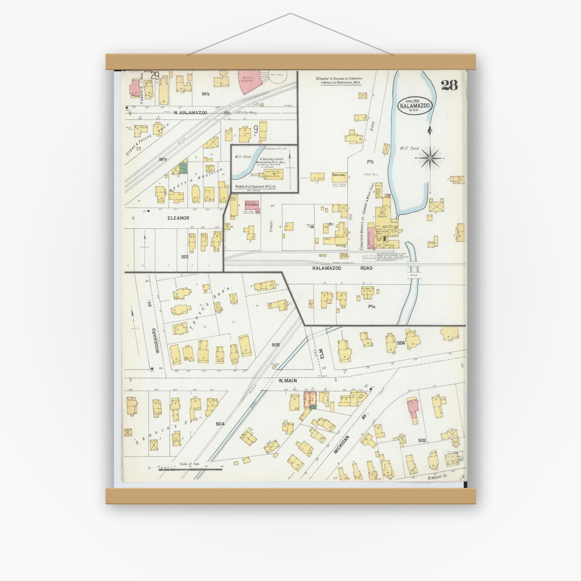 Old map wall art mockup — magnetic wood frame on white wall — Sanborn Fire Insurance Map from Kalamazoo, Kalamazoo County, Michigan (1902), Sheet #0028