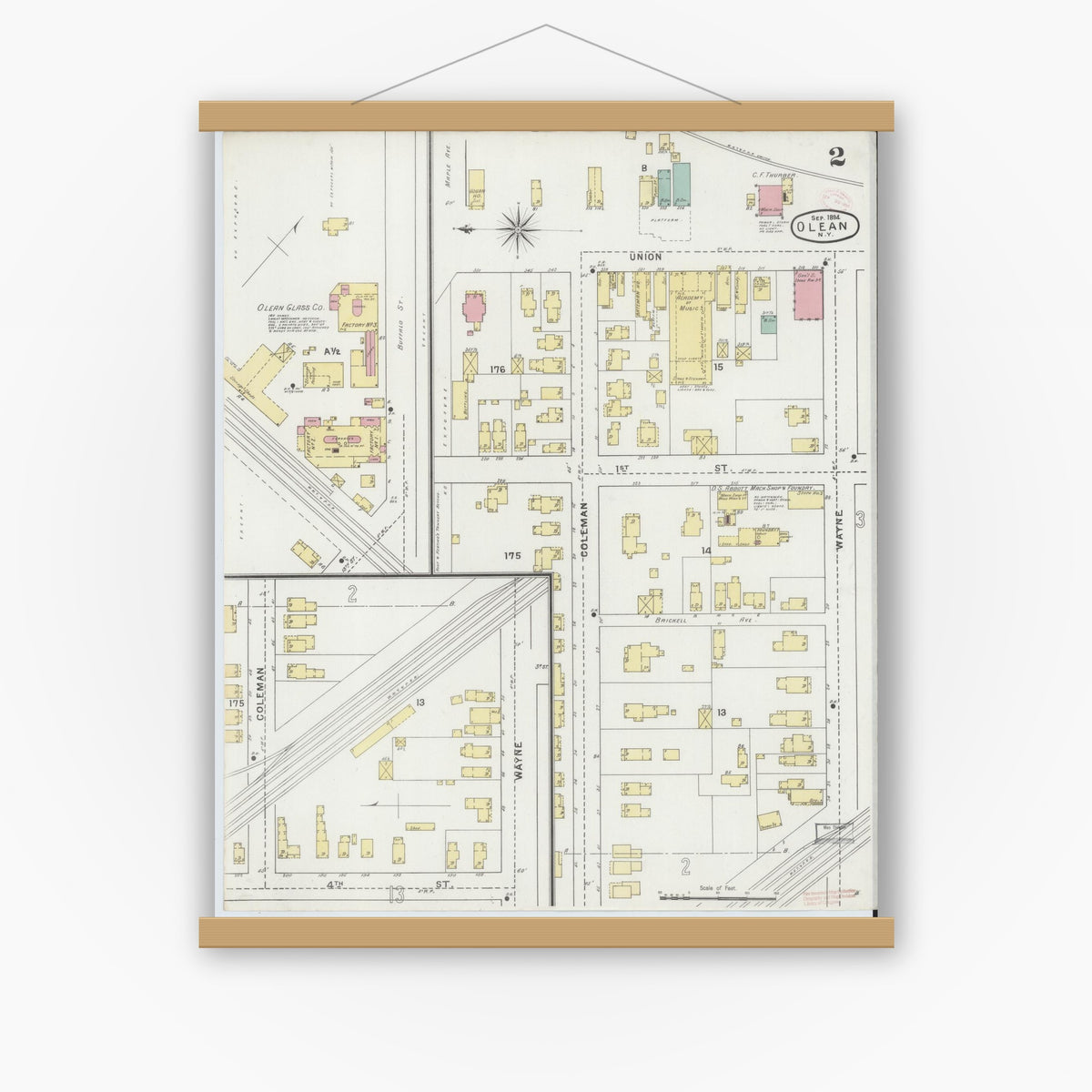 Old map wall art mockup — magnetic wood frame on white wall — Sanborn Fire Insurance Map from Olean, Cattaraugus County, New York (1894) - Complete Map Set