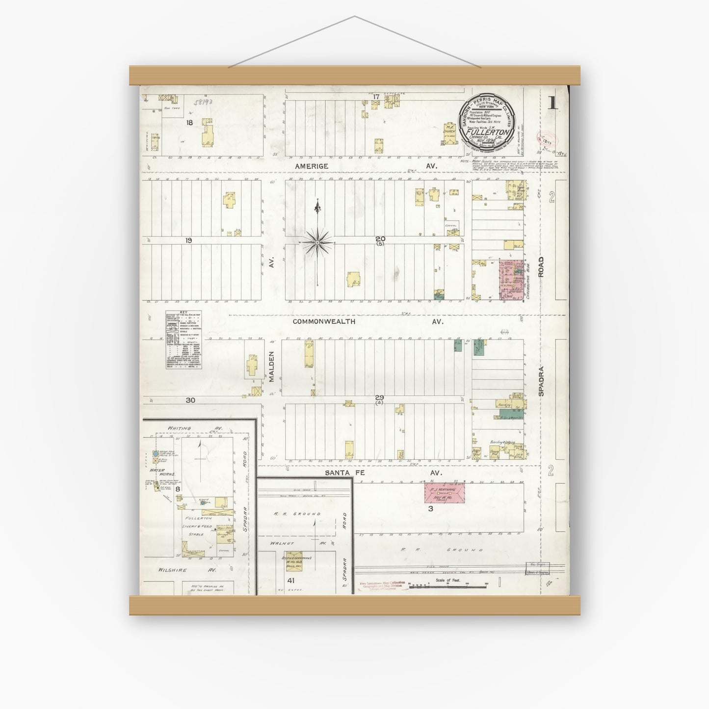 Old map wall art mockup — magnetic wood frame on white wall — Sanborn Fire Insurance Map from Fullerton, Orange County, California (1894) - Complete Map Set