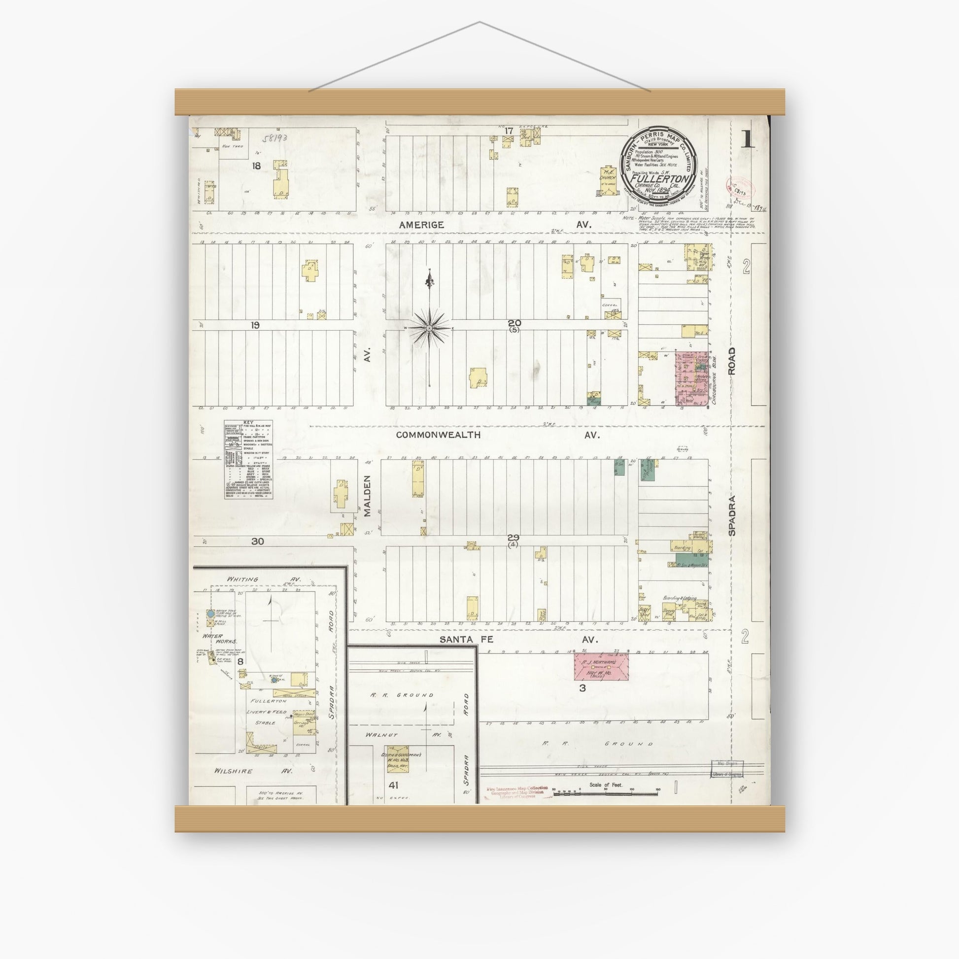 Old map wall art mockup — magnetic wood frame on white wall — Sanborn Fire Insurance Map from Fullerton, Orange County, California (1894) - Complete Map Set