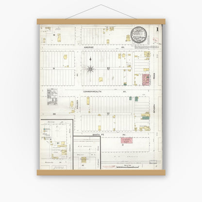 Old map wall art mockup — magnetic wood frame on white wall — Sanborn Fire Insurance Map from Fullerton, Orange County, California (1894) - Complete Map Set
