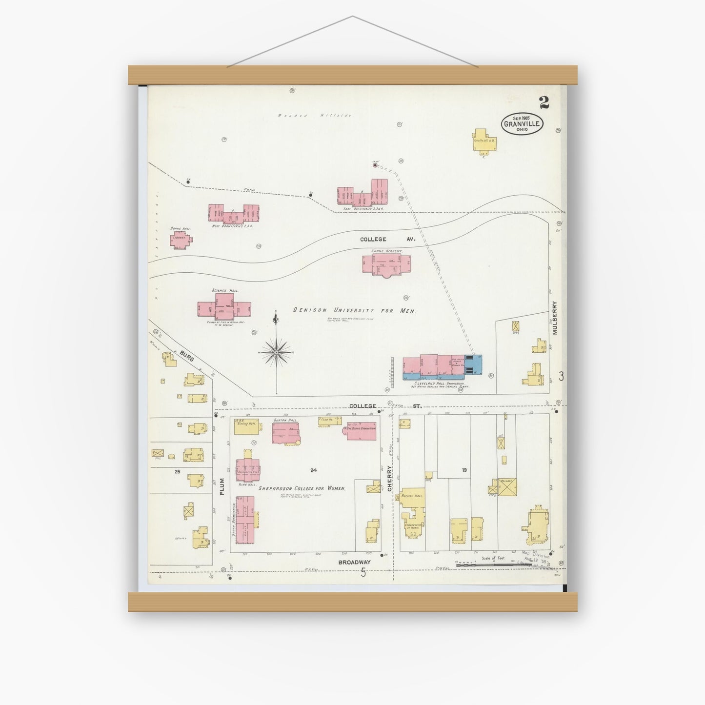 Old map wall art mockup — magnetic wood frame on white wall — Sanborn Fire Insurance Map from Granville, Licking County, Ohio (1905), Sheet #0002