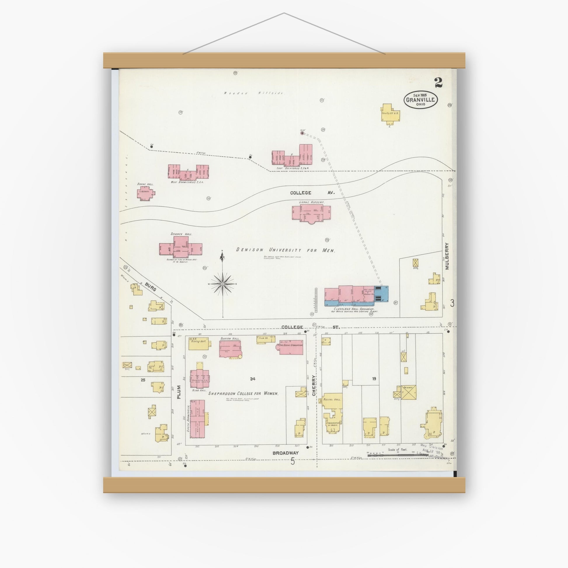 Old map wall art mockup — magnetic wood frame on white wall — Sanborn Fire Insurance Map from Granville, Licking County, Ohio (1905), Sheet #0002