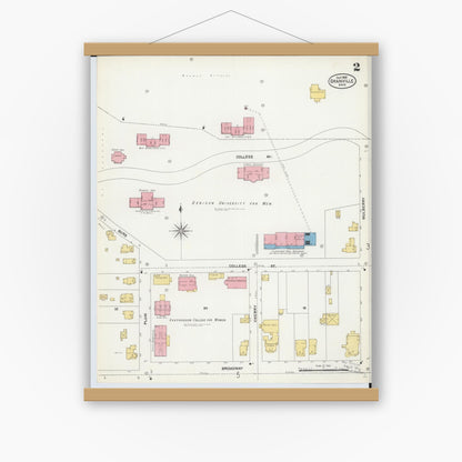 Old map wall art mockup — magnetic wood frame on white wall — Sanborn Fire Insurance Map from Granville, Licking County, Ohio (1905), Sheet #0002