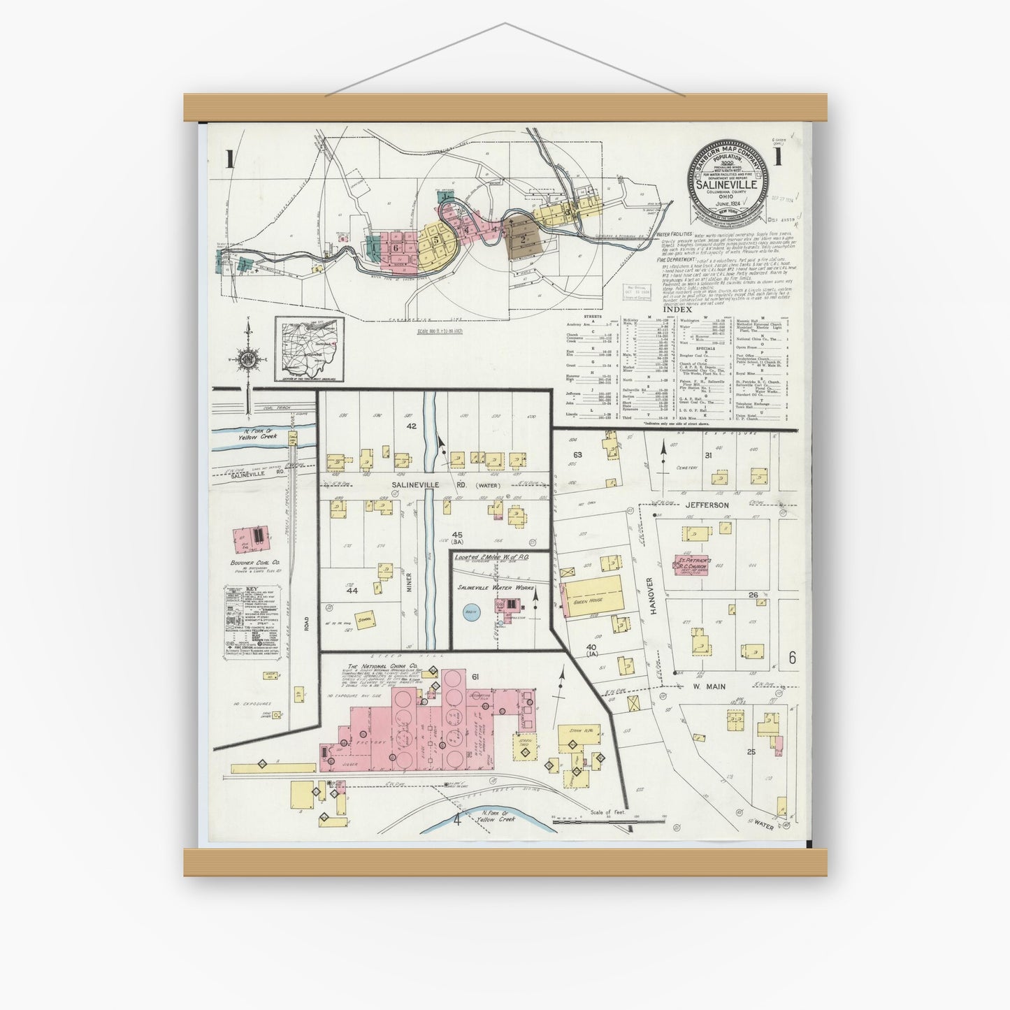 Old map wall art mockup — magnetic wood frame on white wall — Sanborn Fire Insurance Map from Salineville, Columbiana County, Ohio (1924) - Complete Map Set