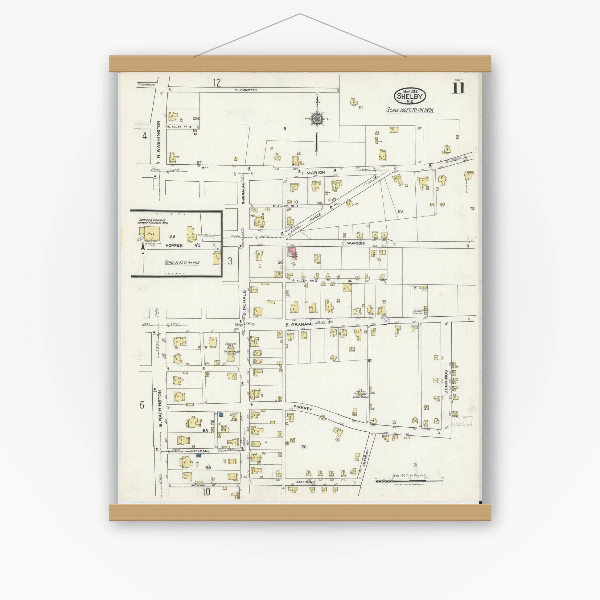 Old map wall art mockup — magnetic wood frame on white wall — Sanborn Fire Insurance Map from Shelby, Cleveland County, North Carolina (1921), Sheet #0011