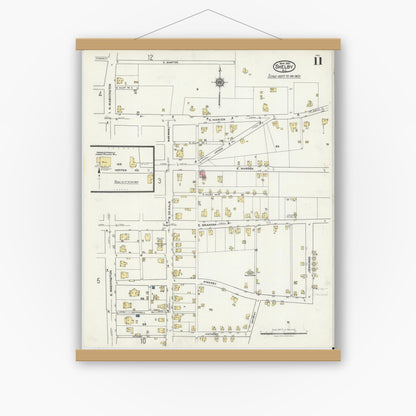 Old map wall art mockup — magnetic wood frame on white wall — Sanborn Fire Insurance Map from Shelby, Cleveland County, North Carolina (1921), Sheet #0011