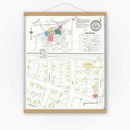 Old map wall art mockup — magnetic wood frame on white wall — Sanborn Fire Insurance Map from Colfax, Jasper County, Iowa (1911) â€” Complete Set