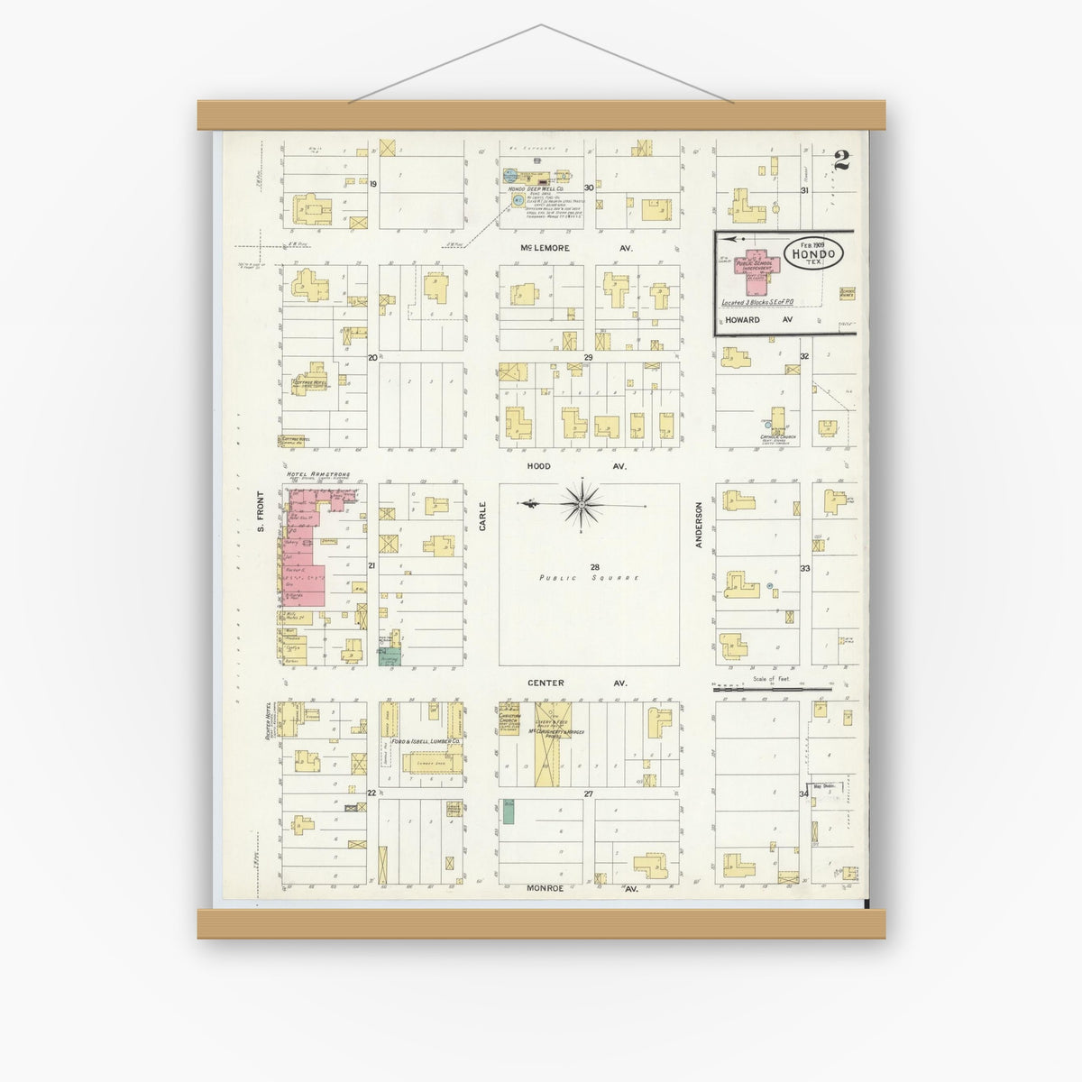 Old map wall art mockup — magnetic wood frame on white wall — Sanborn Fire Insurance Map from Hondo, Medina County, Texas (1909), Sheet #0002