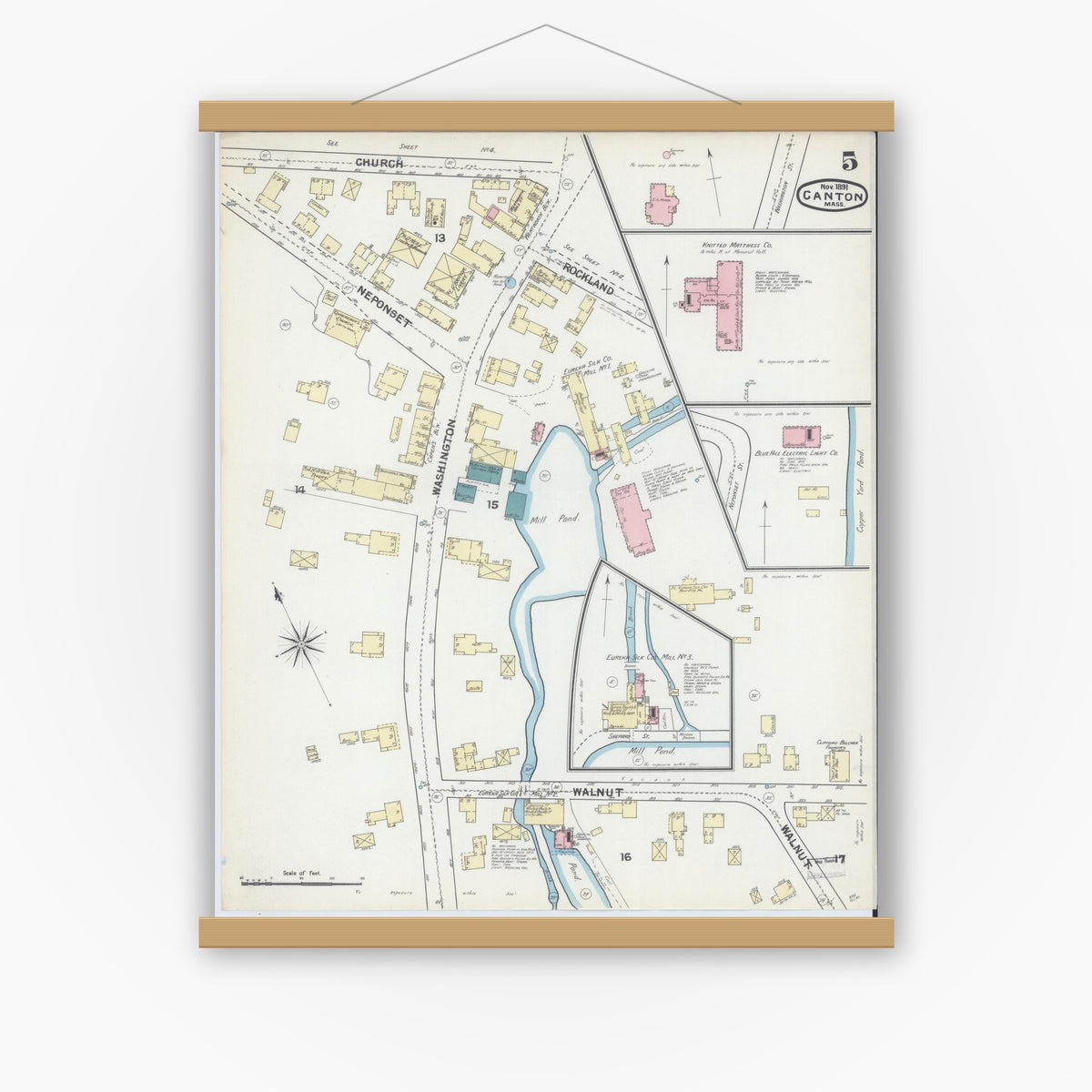 Old map wall art mockup — magnetic wood frame on white wall — Sanborn Fire Insurance Map from Canton, Norfolk County, Massachusetts (1891), Sheet #0005