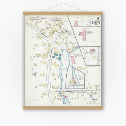 Old map wall art mockup — magnetic wood frame on white wall — Sanborn Fire Insurance Map from Canton, Norfolk County, Massachusetts (1891), Sheet #0005