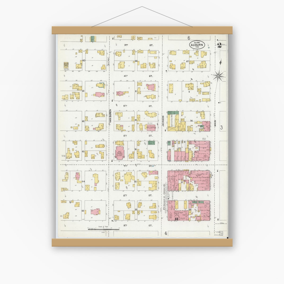 Old map wall art mockup — magnetic wood frame on white wall — Sanborn Fire Insurance Map from Auburn, De Kalb County, Indiana (1901), Sheet #0002