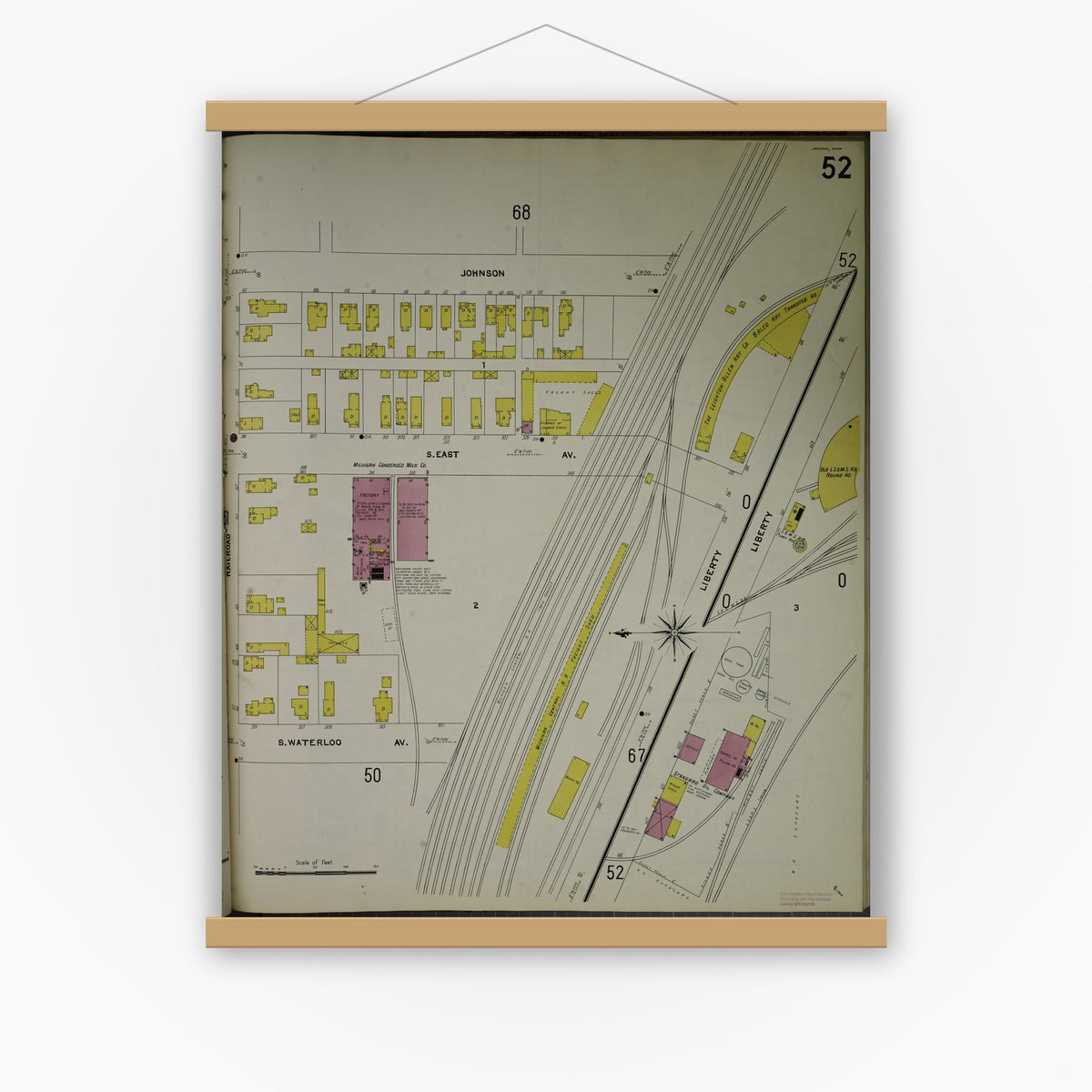 Old map wall art mockup — magnetic wood frame on white wall — Sanborn Fire Insurance Map from Jackson, Jackson County, Michigan (1907), Sheet #0052