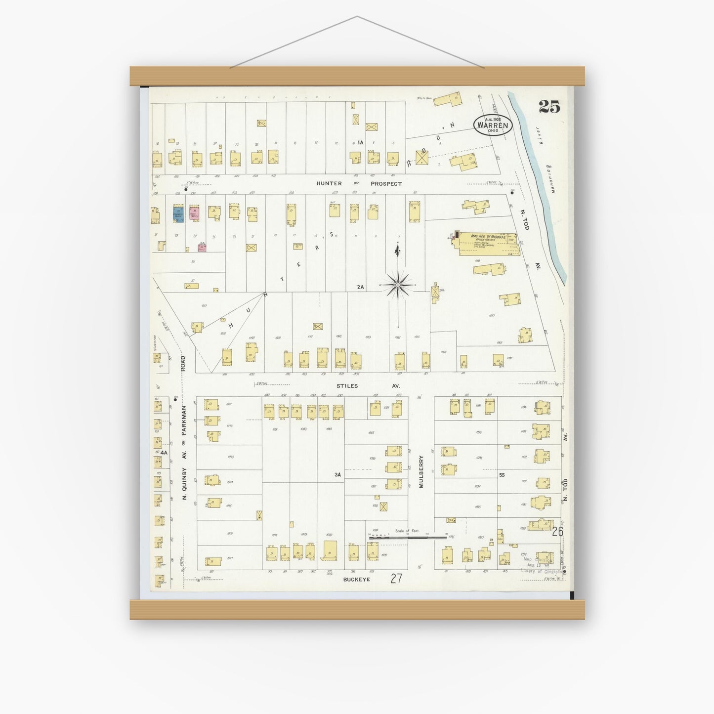 Old map wall art mockup — magnetic wood frame on white wall — Sanborn Fire Insurance Map from Warren, Trumbull County, Ohio (1908), Sheet #0025