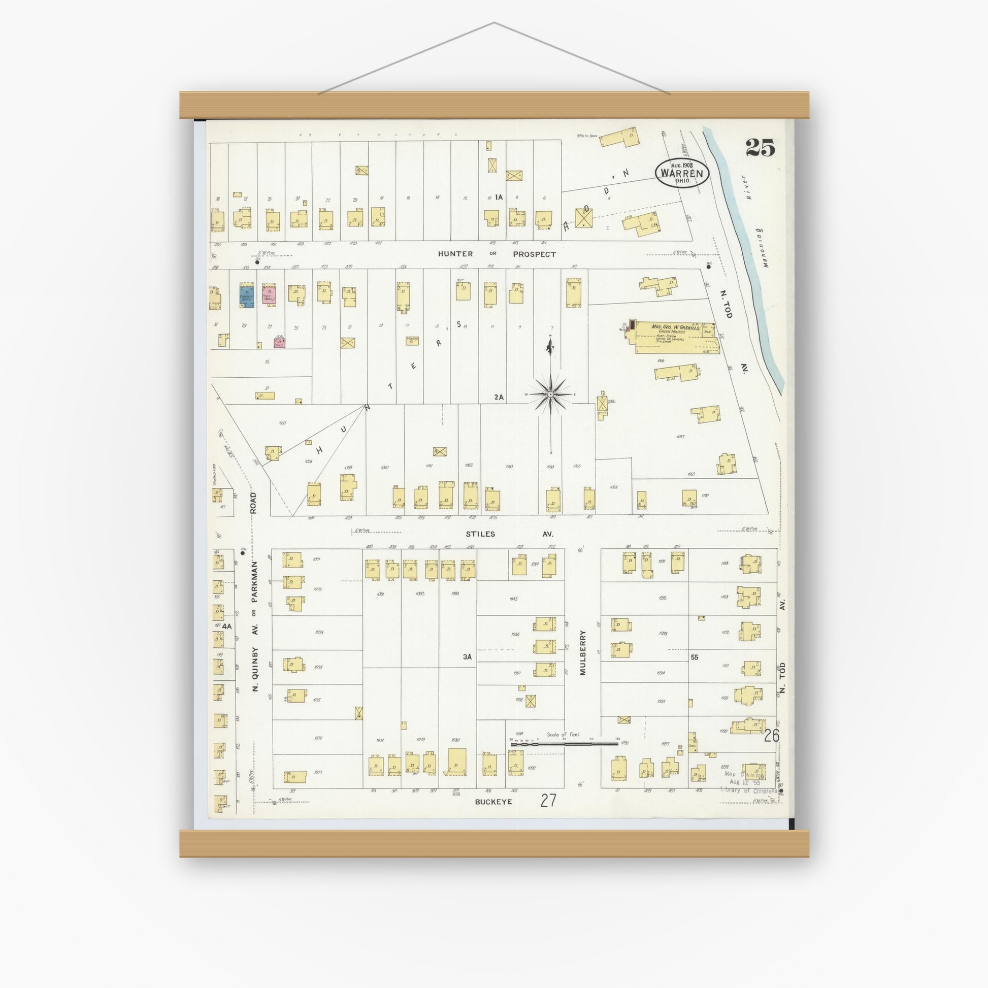 Old map wall art mockup — magnetic wood frame on white wall — Sanborn Fire Insurance Map from Warren, Trumbull County, Ohio (1908), Sheet #0025