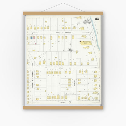 Old map wall art mockup — magnetic wood frame on white wall — Sanborn Fire Insurance Map from Warren, Trumbull County, Ohio (1908), Sheet #0025