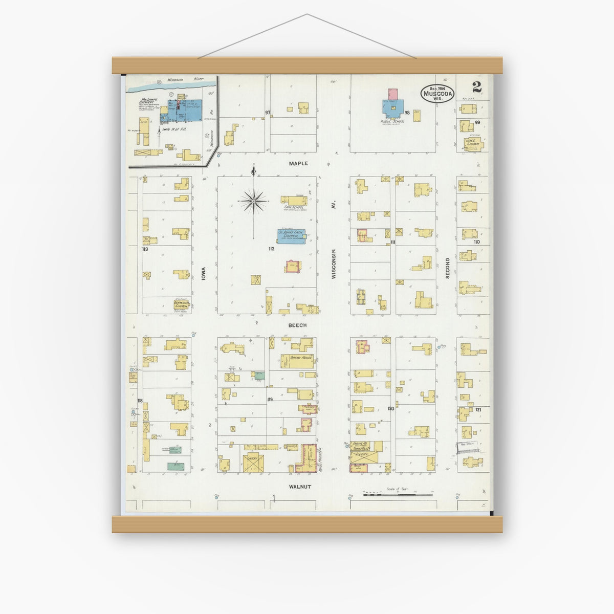 Old map wall art mockup — magnetic wood frame on white wall — Sanborn Fire Insurance Map from Muscoda, Grant County, Wisconsin (1904), Sheet #0002