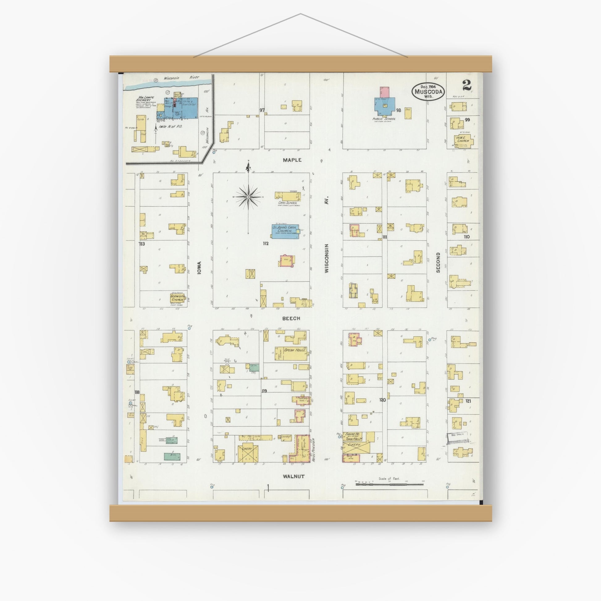 Old map wall art mockup — magnetic wood frame on white wall — Sanborn Fire Insurance Map from Muscoda, Grant County, Wisconsin (1904), Sheet #0002