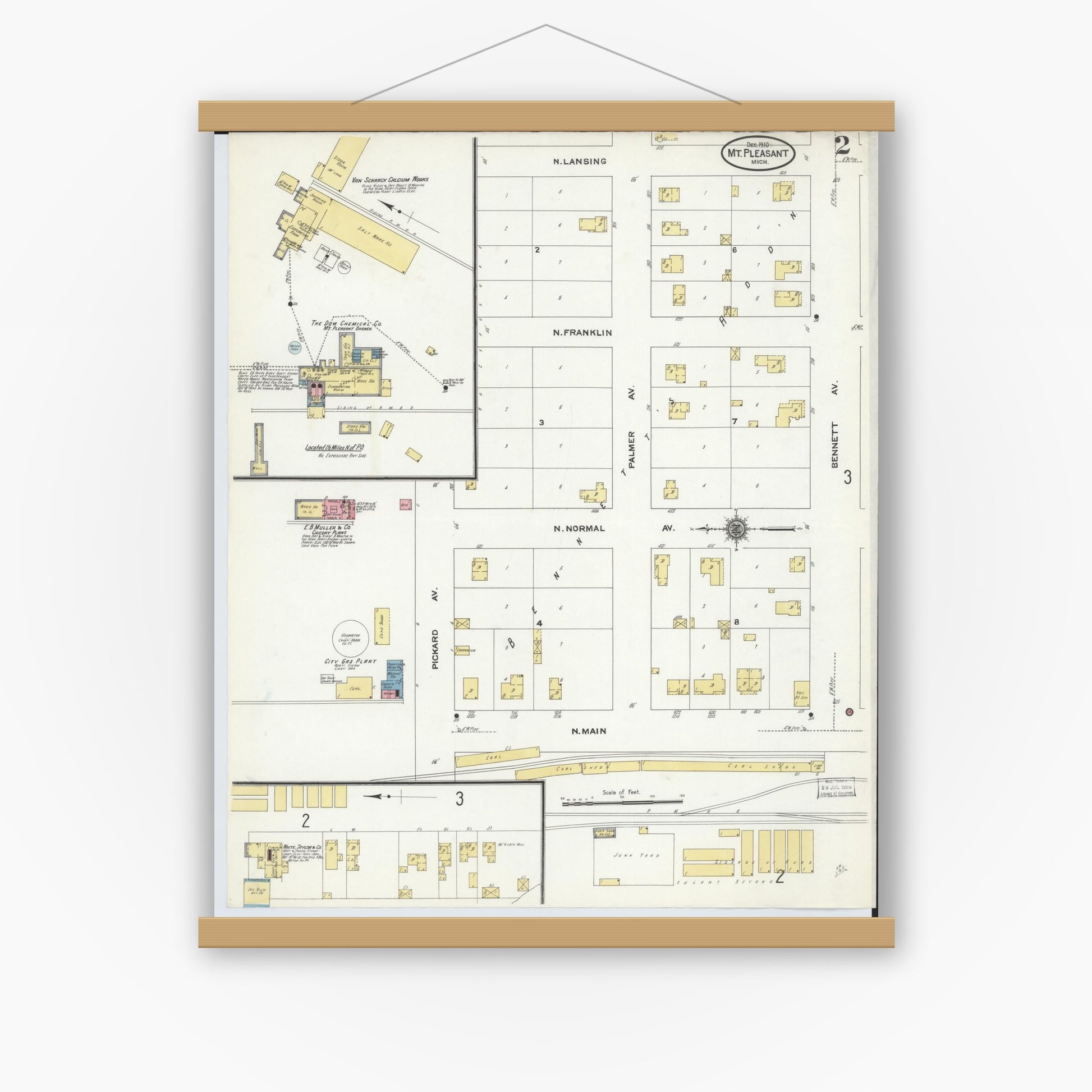 Old map wall art mockup — magnetic wood frame on white wall — Sanborn Fire Insurance Map from Mount Pleasant, Isabella County, Michigan (1910), Sheet #0002