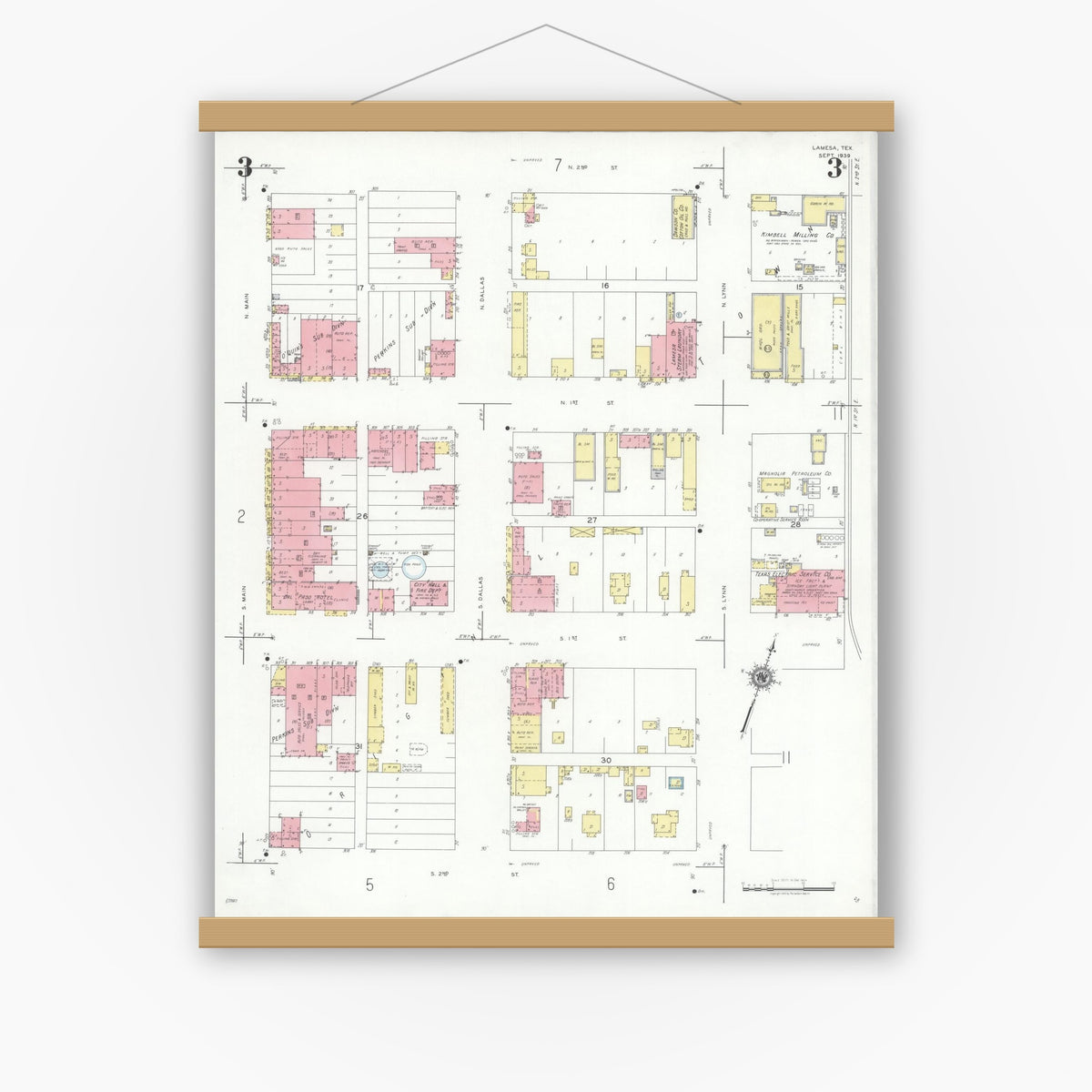 Old map wall art mockup — magnetic wood frame on white wall — Sanborn Fire Insurance Map from Lamesa, Dawson County, Texas (1939), Sheet #0003