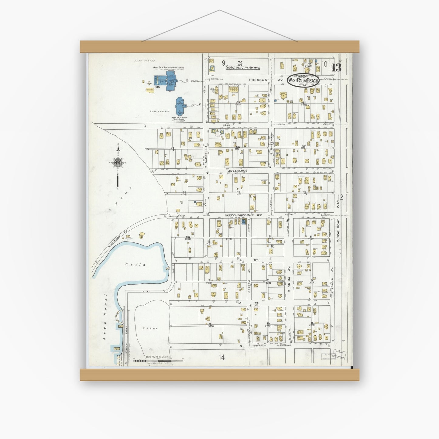 Old map wall art mockup — magnetic wood frame on white wall — Sanborn Fire Insurance Map from West Palm Beach, Dade County, Florida (1920), Sheet #0013