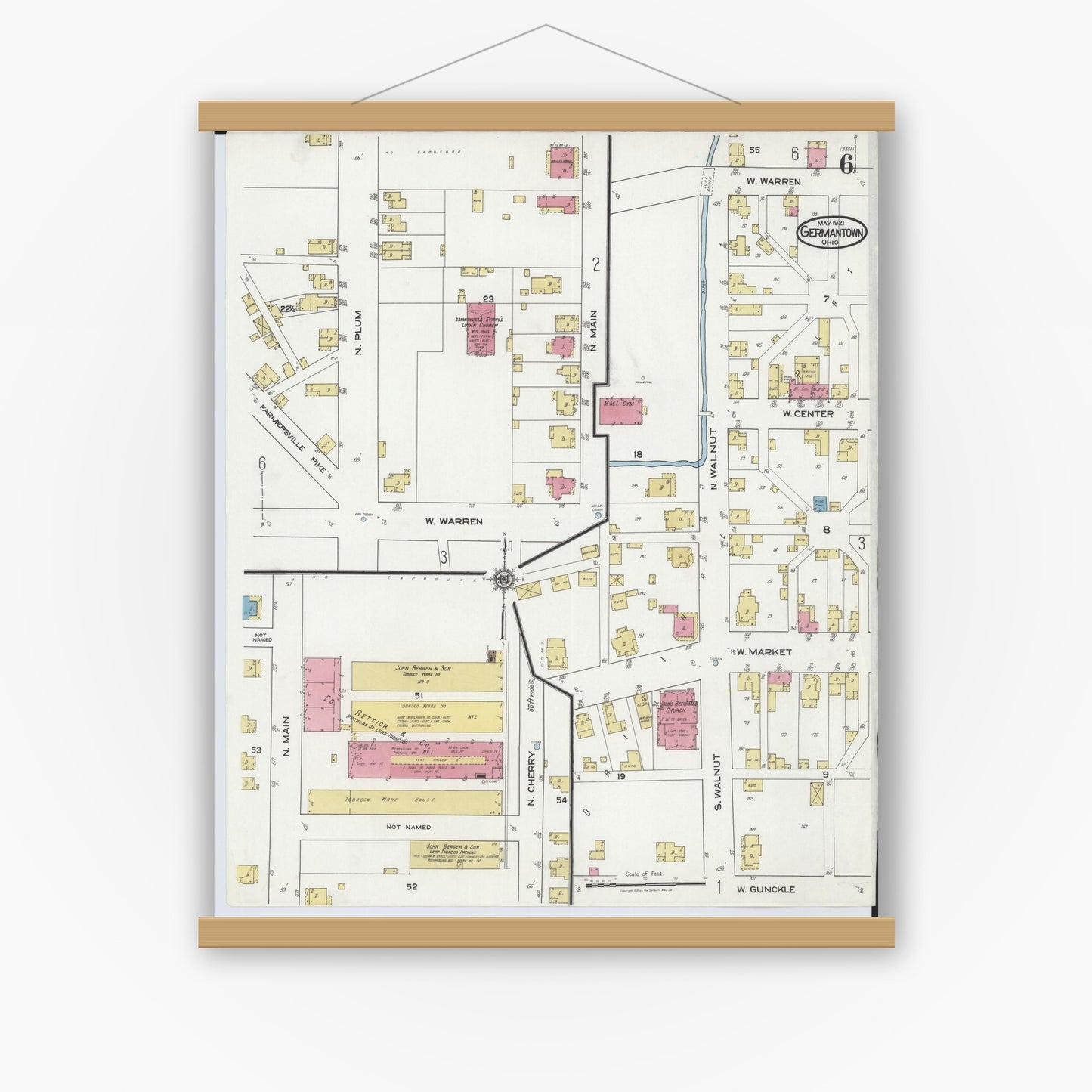 Old map wall art mockup — magnetic wood frame on white wall — Sanborn Fire Insurance Map from Germantown, Montgomery County, Ohio (1921), Sheet #0006