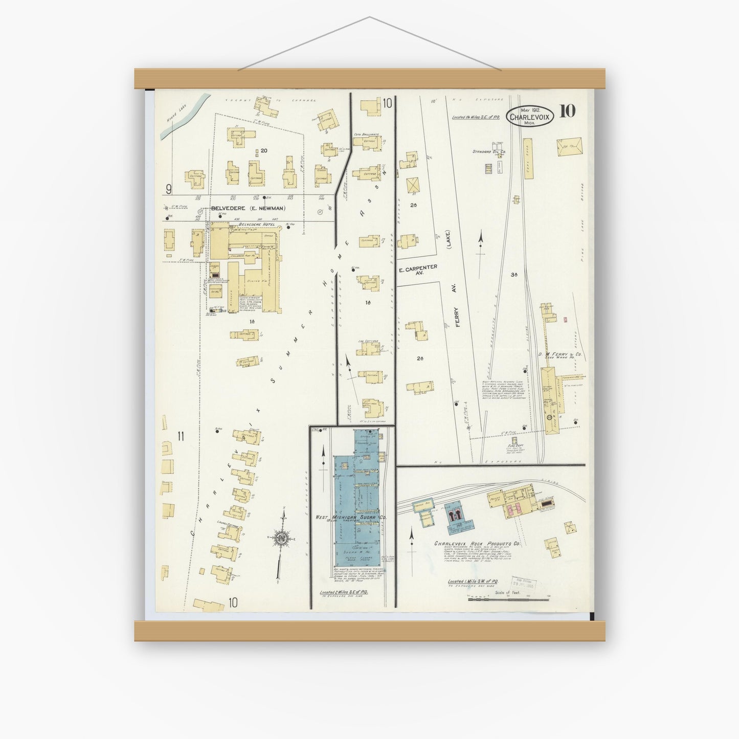 Old map wall art mockup — magnetic wood frame on white wall — Sanborn Fire Insurance Map from Charlevoix, Charlevoix County, Michigan (1912), Sheet #0010
