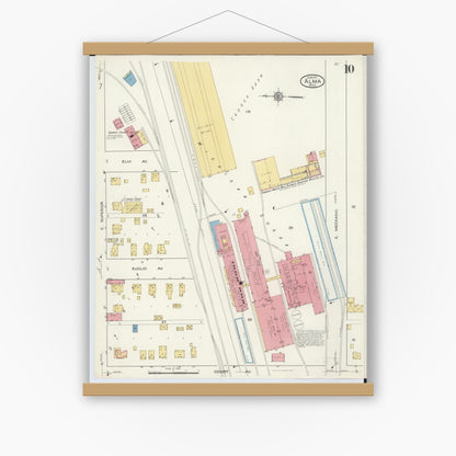 Old map wall art mockup — magnetic wood frame on white wall — Sanborn Fire Insurance Map from Alma, Gratiot County, Michigan (1917), Sheet #0010