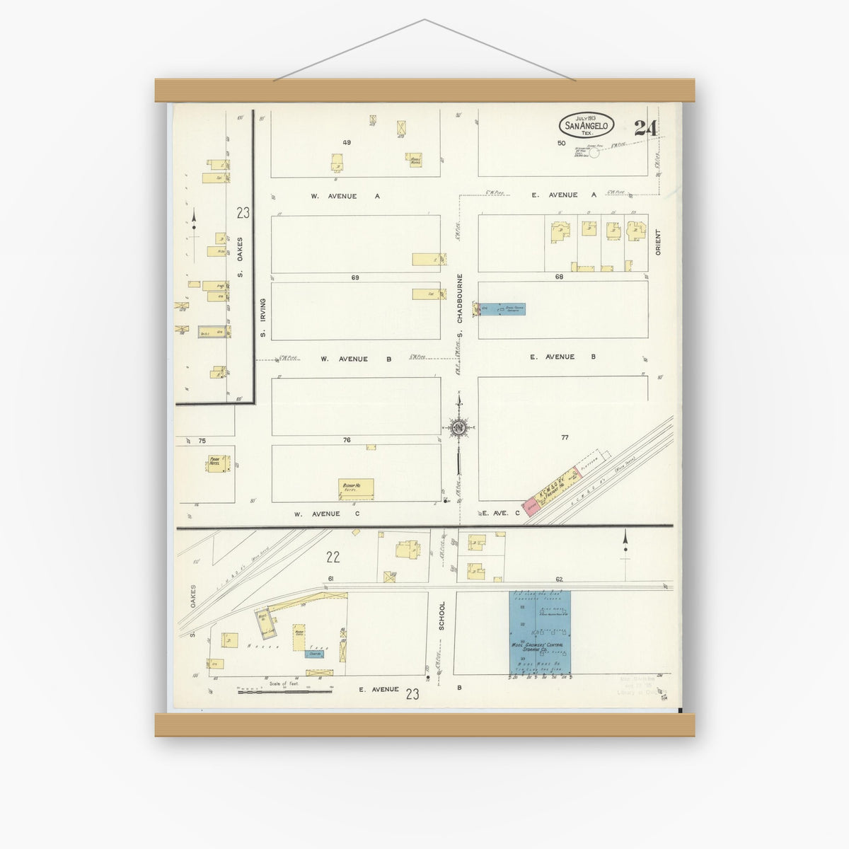 Old map wall art mockup — magnetic wood frame on white wall — Sanborn Fire Insurance Map from San Angelo, Tom Green County, Texas (1913), Sheet #0024