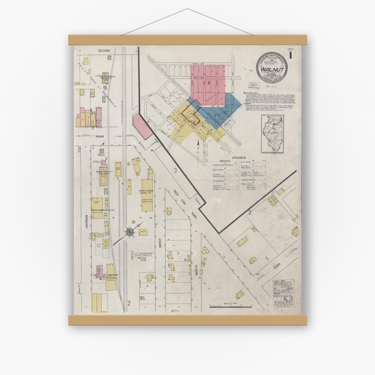 Old map wall art mockup — magnetic wood frame on white wall — Sanborn Fire Insurance Map from Walnut, Bureau County, Illinois (1921), Sheet #0001