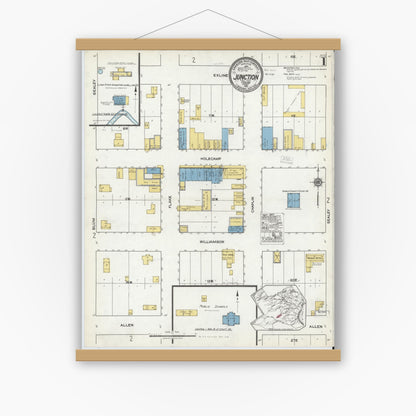 Old map wall art mockup — magnetic wood frame on white wall — Sanborn Fire Insurance Map from Junction, Kimble County, Texas (1921), Sheet #0001