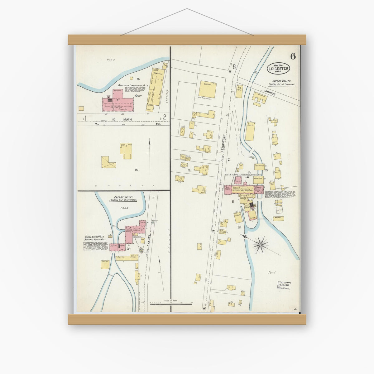Old map wall art mockup — magnetic wood frame on white wall — Sanborn Fire Insurance Map from Leicester, Worcester County, Massachusetts (1904), Sheet #0006
