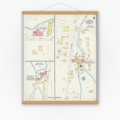 Old map wall art mockup — magnetic wood frame on white wall — Sanborn Fire Insurance Map from Leicester, Worcester County, Massachusetts (1904), Sheet #0006