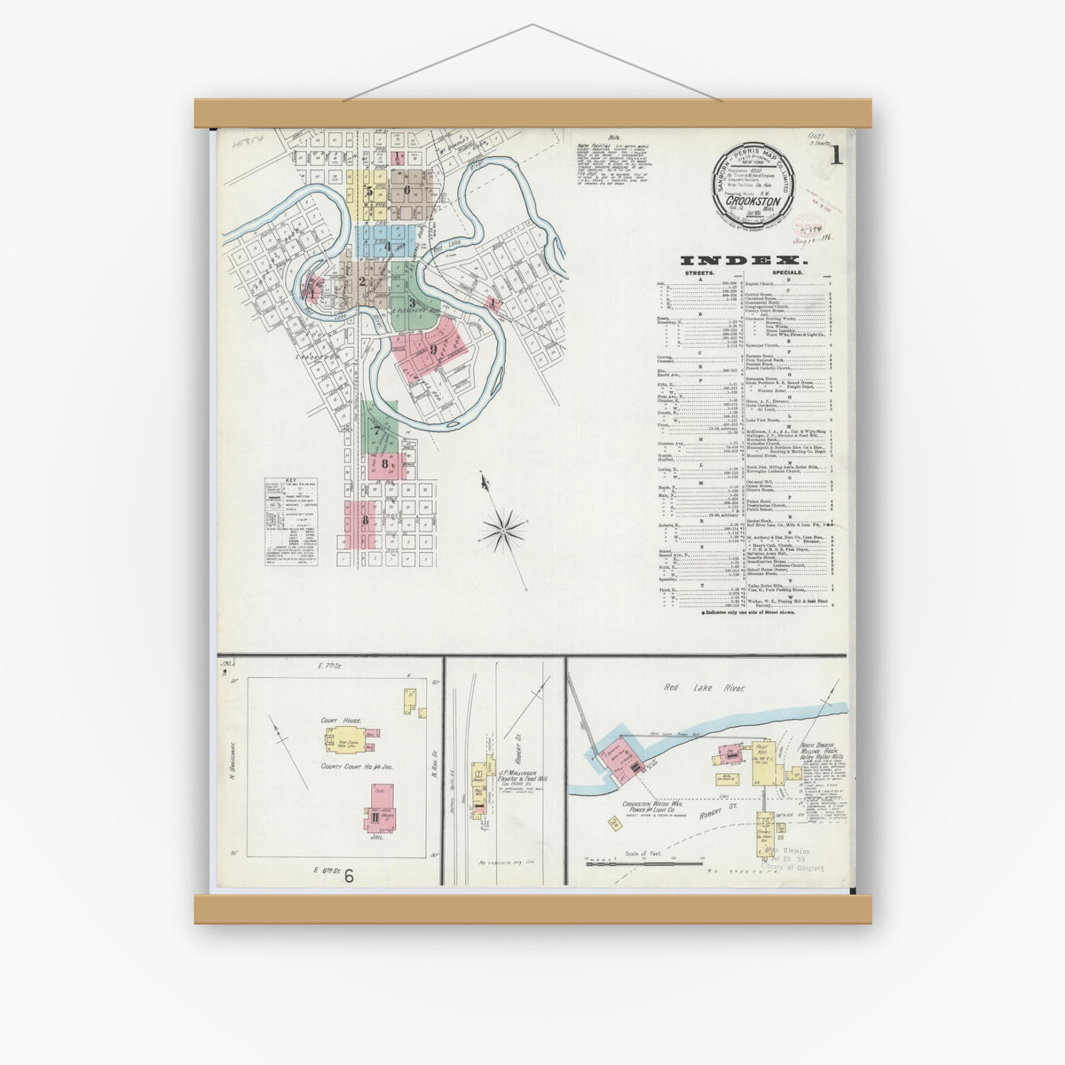 Old map wall art mockup — magnetic wood frame on white wall — Sanborn Fire Insurance Map from Crookston, Polk County, Minnesota (1896), Sheet #0001