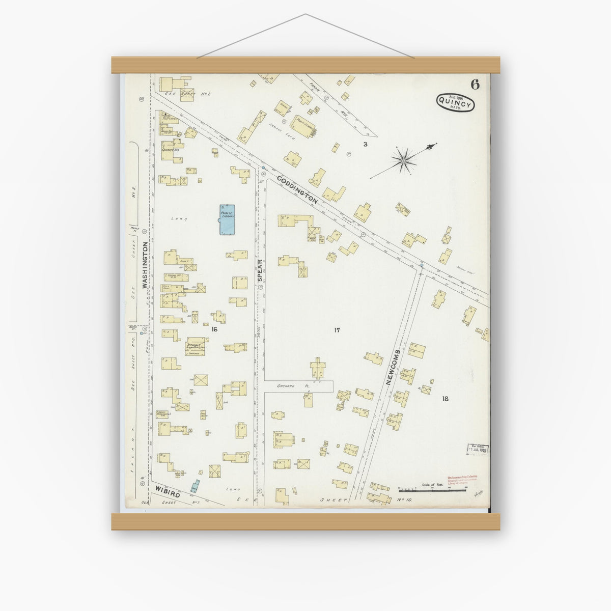 Old map wall art mockup — magnetic wood frame on white wall — Sanborn Fire Insurance Map from Quincy, Norfolk County, Massachusetts (1891), Sheet #0006