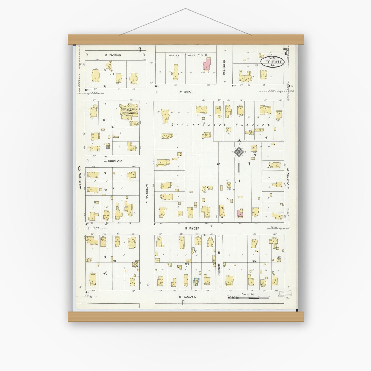 Old map wall art mockup — magnetic wood frame on white wall — Sanborn Fire Insurance Map from Litchfield, Montgomery County, Illinois (1910), Sheet #0007