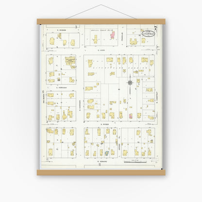 Old map wall art mockup — magnetic wood frame on white wall — Sanborn Fire Insurance Map from Litchfield, Montgomery County, Illinois (1910), Sheet #0007