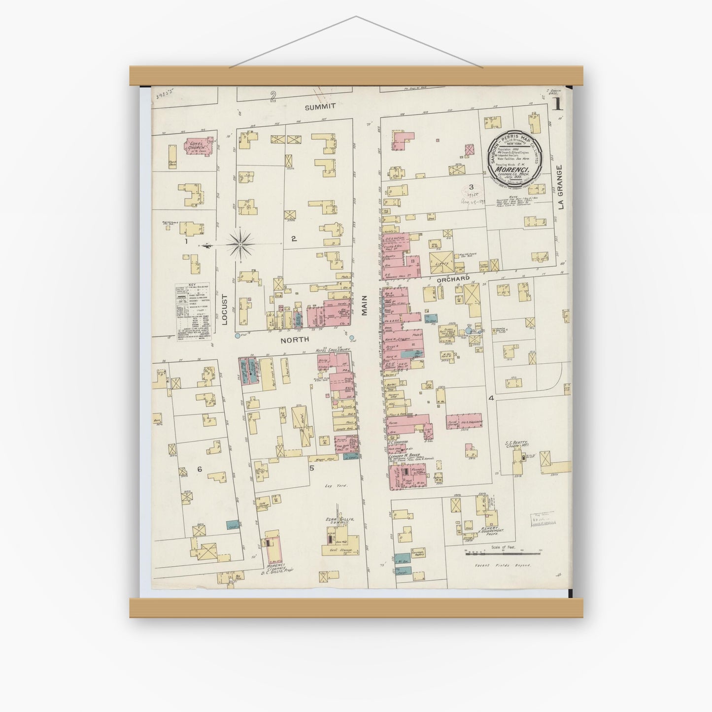 Old map wall art mockup — magnetic wood frame on white wall — Sanborn Fire Insurance Map from Morenci, Lenawee County, Michigan (1893), Sheet #0001